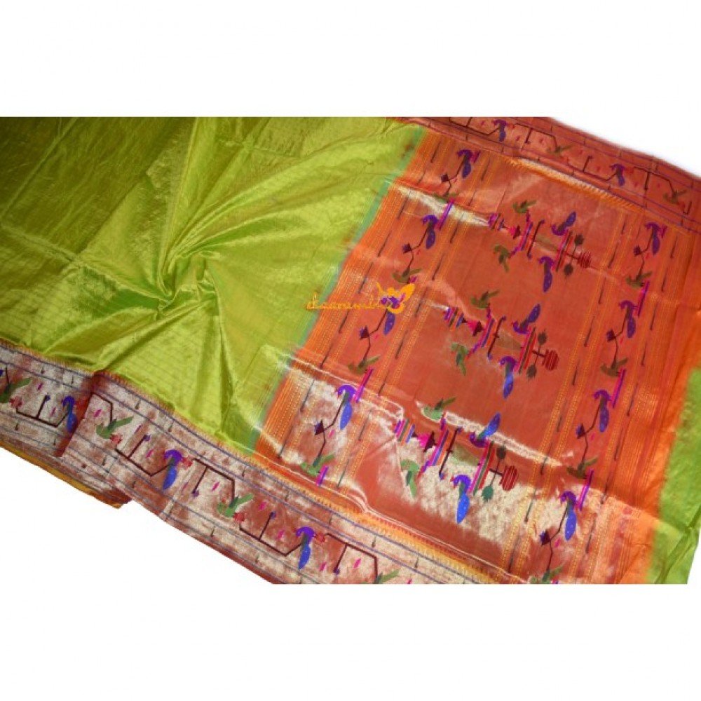 Brocade Peacock Parrot Handloom Pure Silk Paithani Saree with Check Body