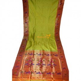 Brocade Peacock Parrot Handloom Pure Silk Paithani Saree with Check Body